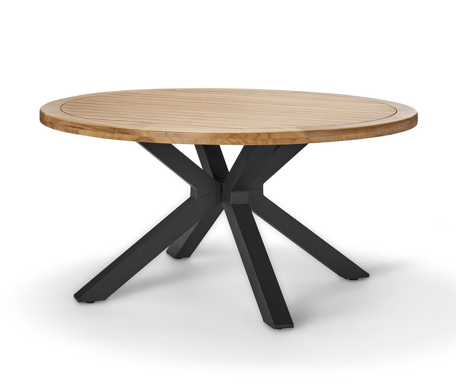 Runder Teak-Esstisch mit schwarzem X-förmigem Fuß.