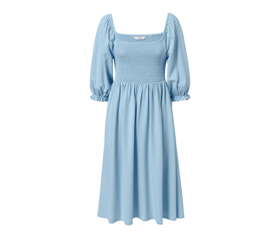 Hellblaues Jerseykleid mit Puffärmeln.