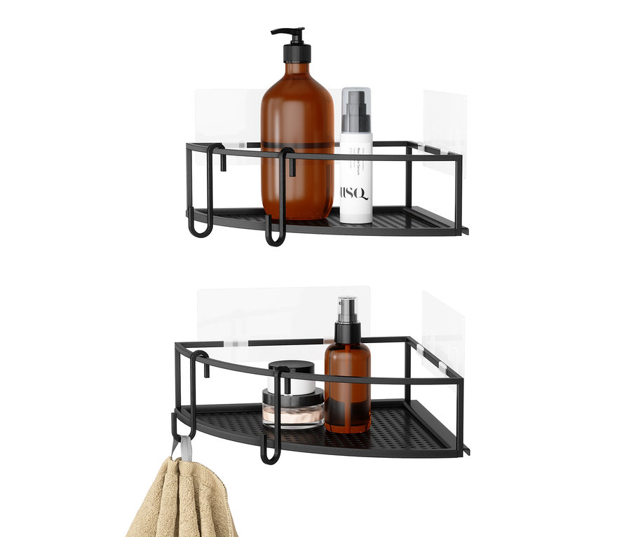 Zwei schwarze Eck-Duschregale »Cubiko« (2er-Set) mit brauner Flasche und weißer Flasche im oberen Regal und brauner Flasche und Dose im unteren Regal.