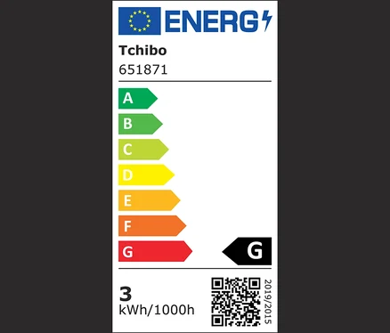 Energielabel mit Effizienzklassen von A bis G und Angaben zum Energieverbrauch.