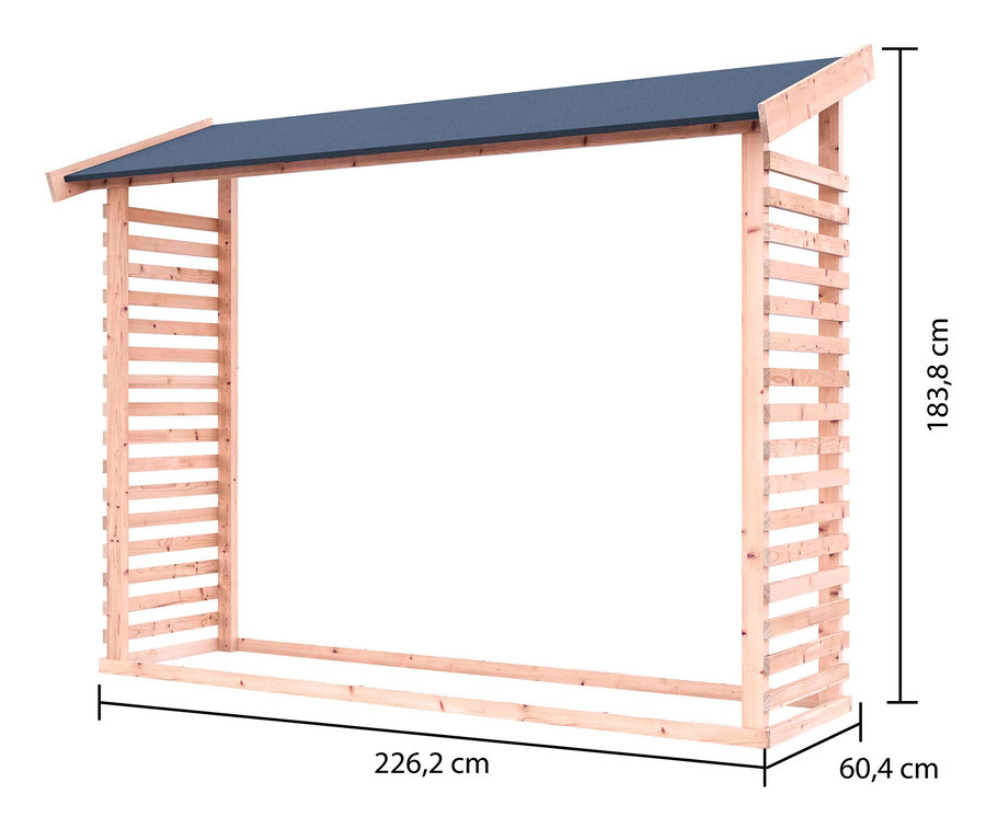 Karibu Kaminholz-Unterstand, 18 mm, Fichte mit Maßangaben.