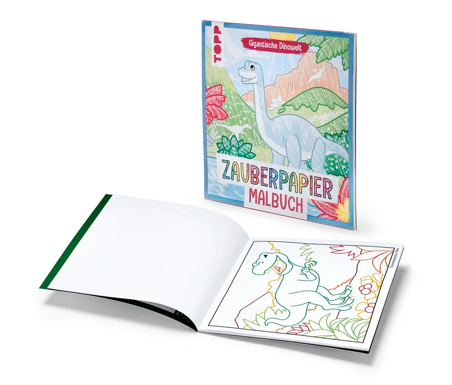 Zwei Bücher: »Zauberpapier Malbuch ‒ Gigantische Dinowelt« mit Dinosauriern.