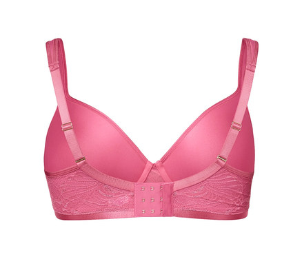 Detailaufnahme eines rosafarbenen Spacer-BHs mit Spitzenband, Rückansicht.