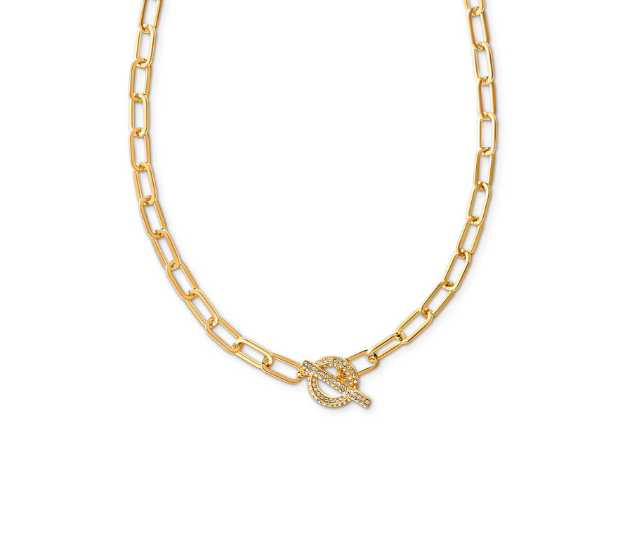 Goldene Kette Toggle mit Kristallbesatz auf weißem Hintergrund.