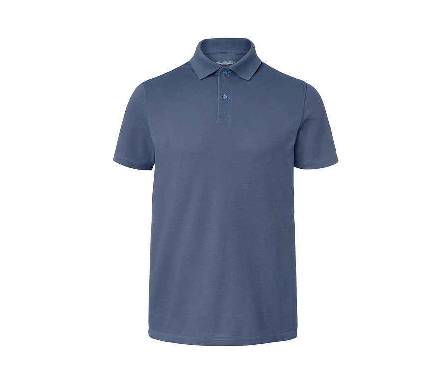 Blaues Funktionspoloshirt mit kurzen Ärmeln.