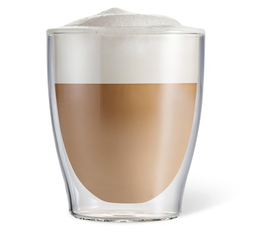 Ein Caffè Crema mit Schaum in einem doppelwandigen Glas.