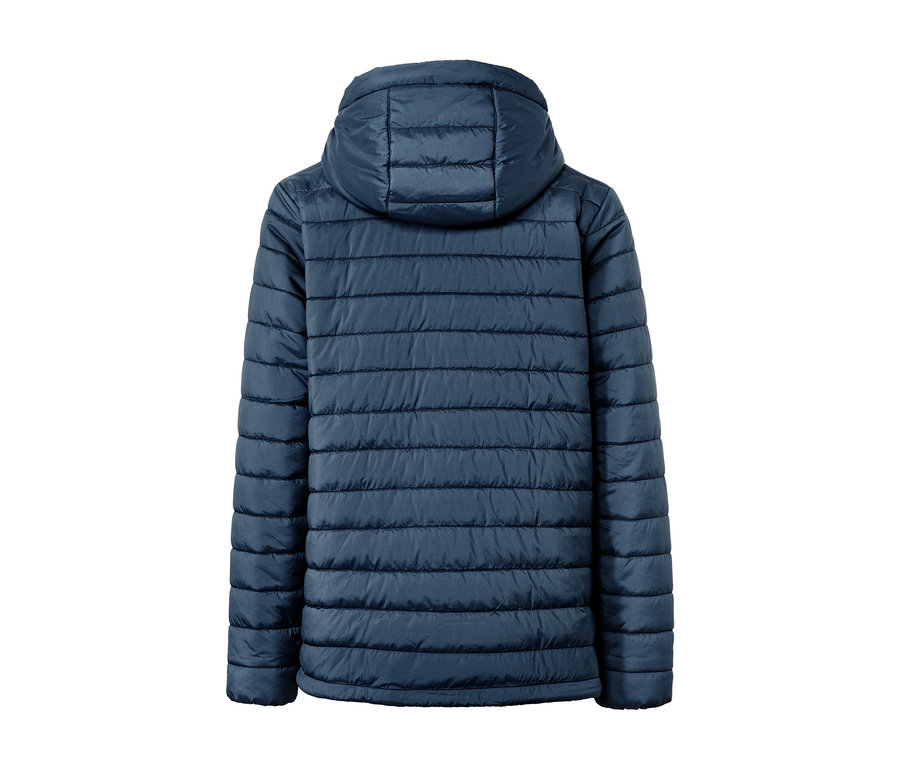 Dunkelblaue Kapuzen-Steppjacke von hinten.
