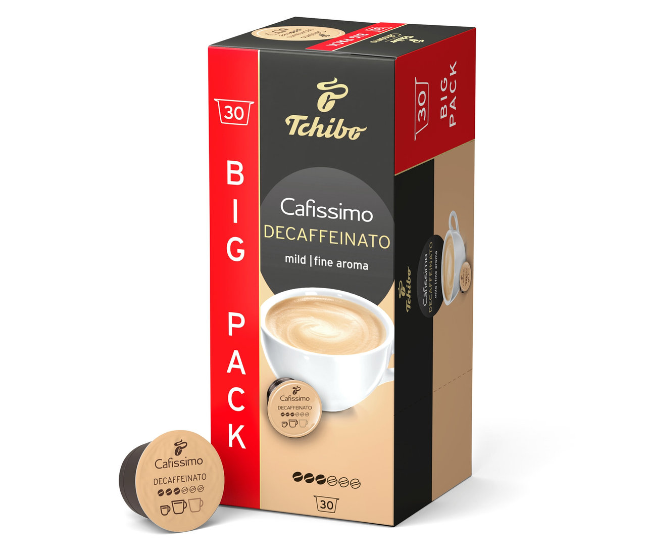 Eine Packung Cafissimo Decaffeinato - entkoffeiniert - 30 Kapseln von Tchibo steht aufrecht. Eine Kapsel liegt daneben.