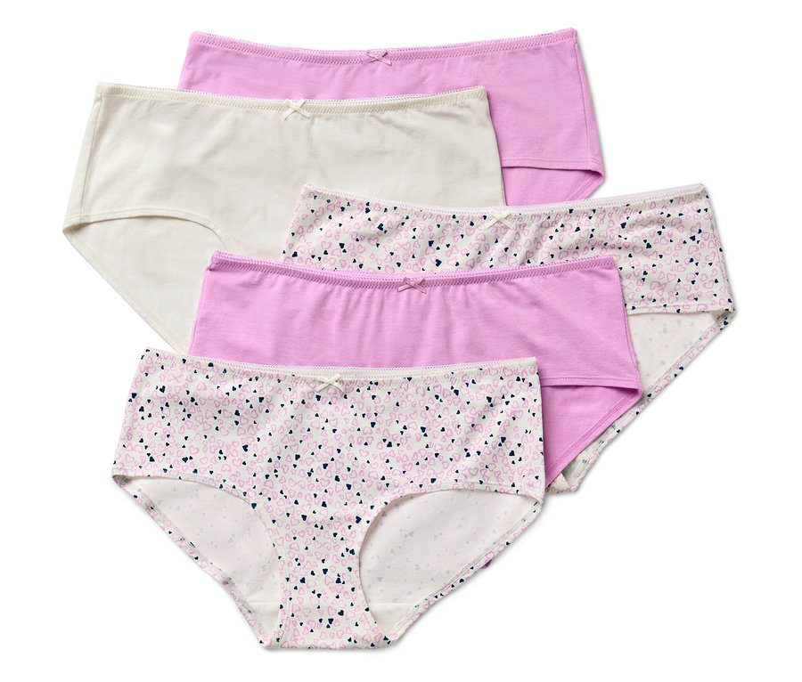 Fünf Damenunterhosen in verschiedenen Farben und Mustern liegen übereinander.