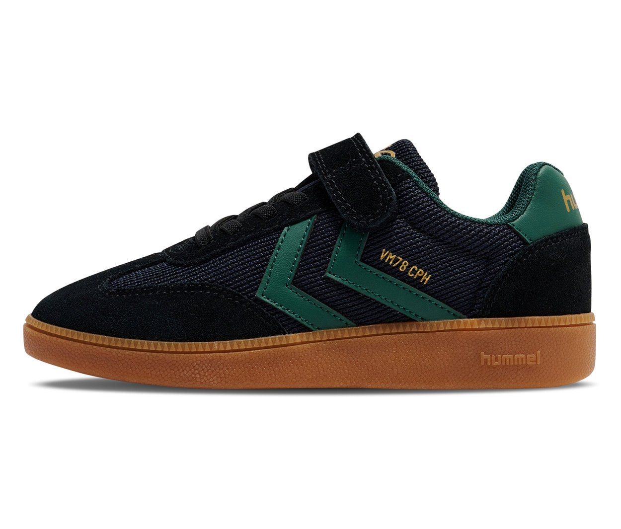 Schwarzer und grüner Hummel VM78 CPH JR Turnschuh auf einem weißen Hintergrund.