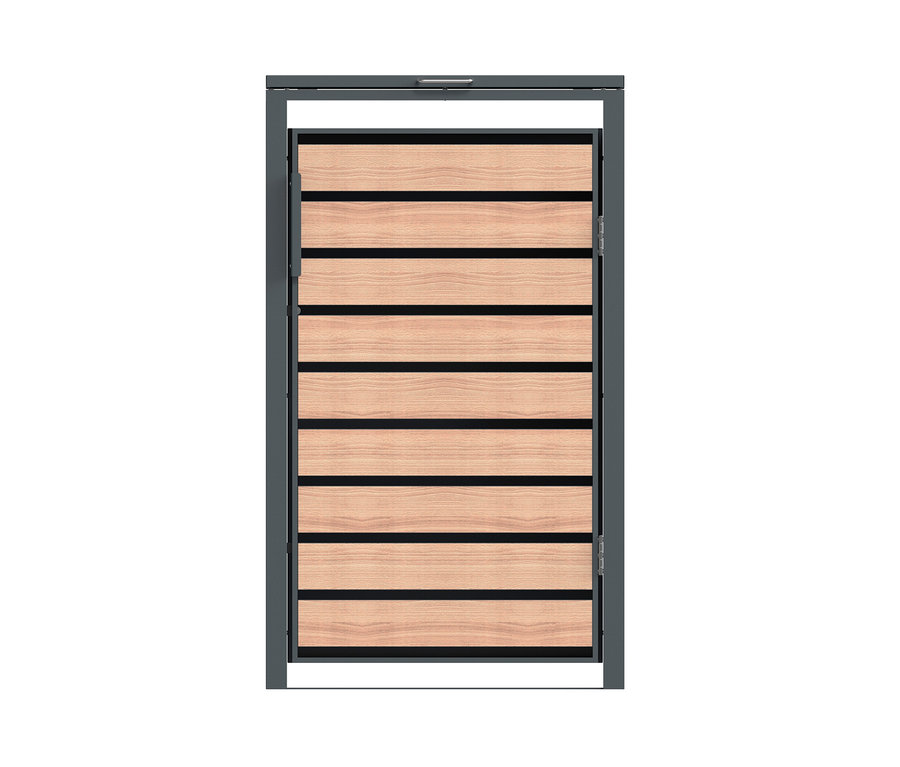 Mülltonnenbox mit horizontalen Holzlamellen in grauem Rahmen.