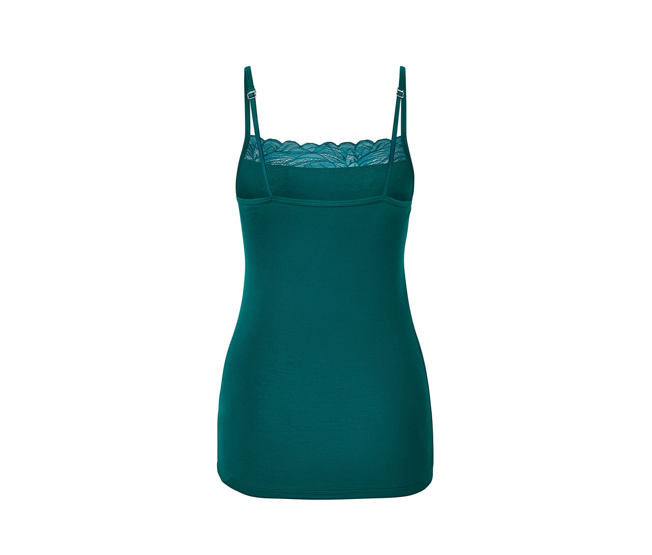 Rückansicht von petrolfarbenem Hemdchen mit Spitze.