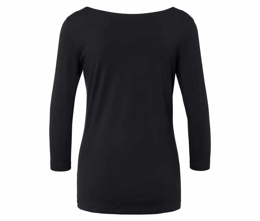 Schwarzes Langarmshirt mit U-Boot-Ausschnitt.