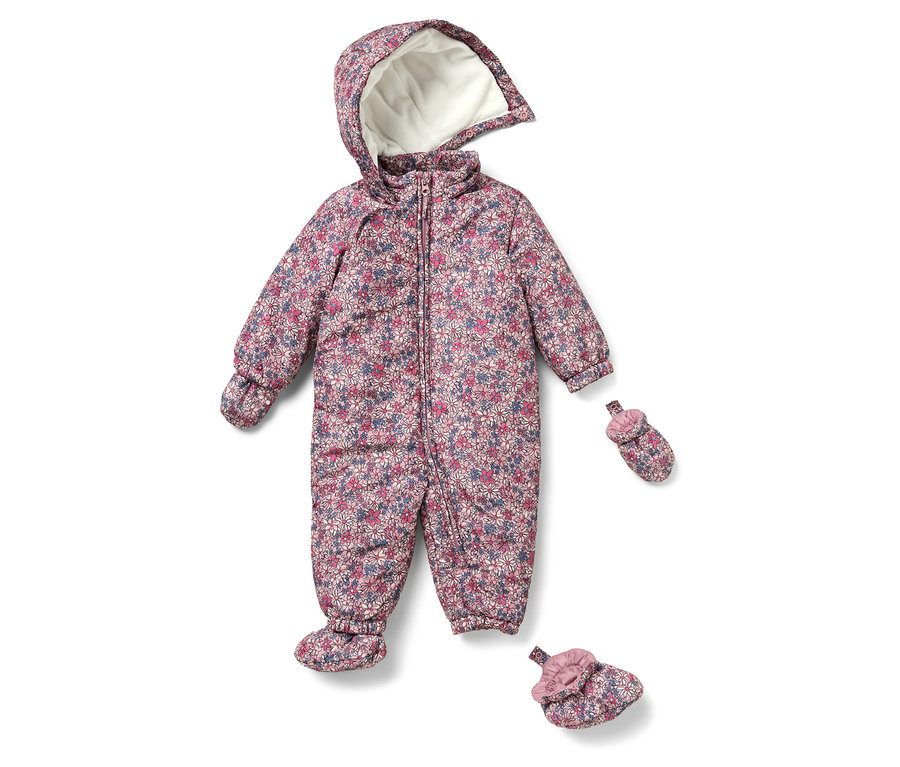 Blumiger Baby-Winteroverall mit Kapuze, Handschuhen und Füsslingen.