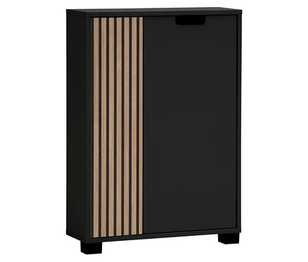 Schwarzer Schrank mit Holzlamellen auf einer Seite.