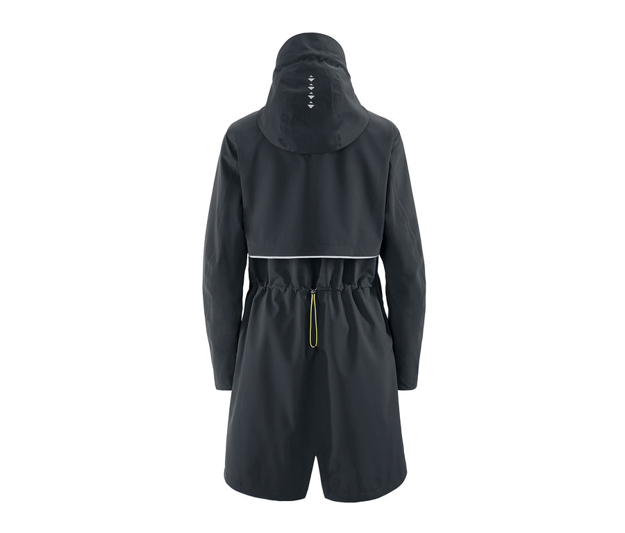 Dunkelgrauer Funktions-Regenparka von hinten. Die Jacke hat eine Kapuze, einen Kordelzug in der Taille und einen weißen Reflexstreifen.