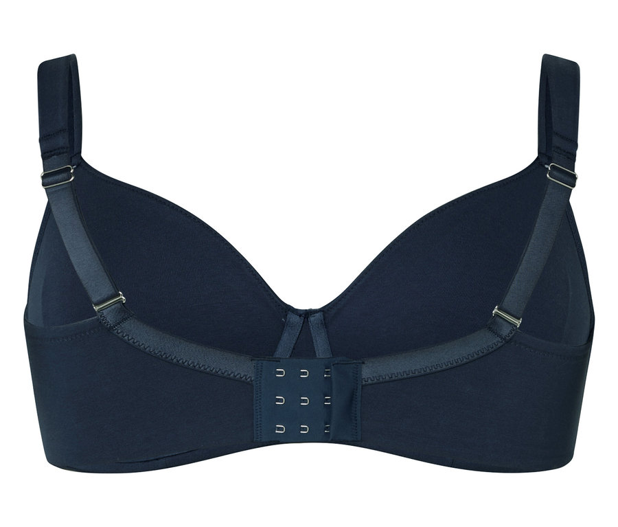 Rückansicht eines dunkelblauen BHs mit verstellbaren Trägern und Hakenverschluss.