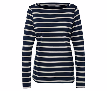 Blau-weiß gestreiftes Langarmshirt.