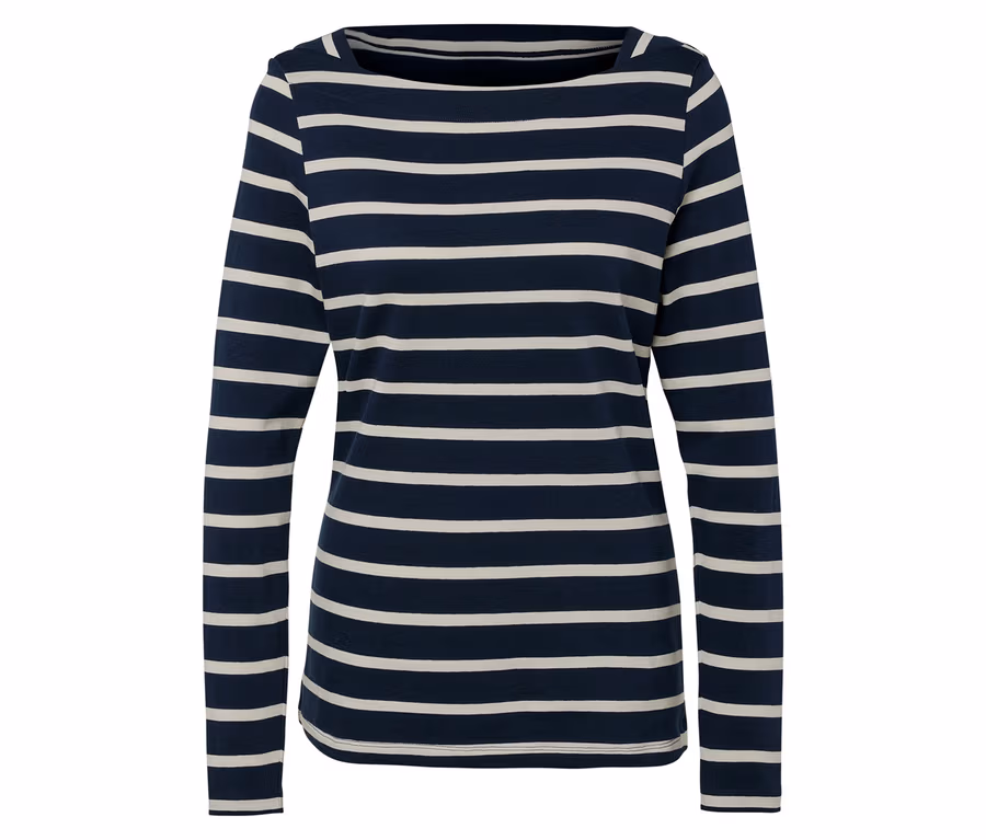 Blau-weiß gestreiftes Langarmshirt.