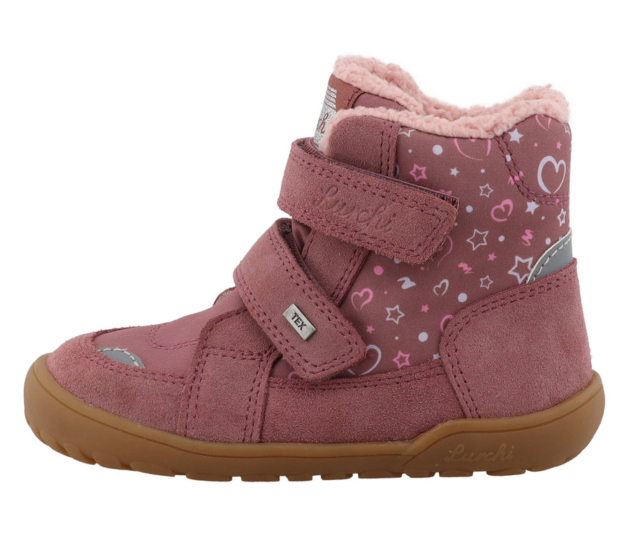 Ein einzelner LURCHI »Jilly Barefoot-TEX« Schuh in Rosa mit Klettverschluss und Herz- und Sternmuster.