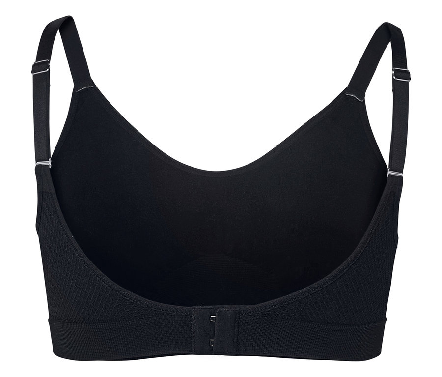 Detailansicht von der Rückseite eines schwarzen BHs mit verstellbaren Trägern und Hakenverschluss.