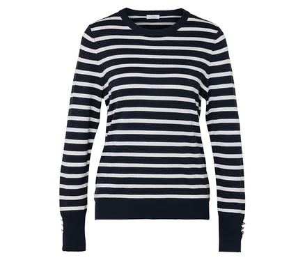 Ein blau-weiß gestreifter Damenpullover mit langen Ärmeln.