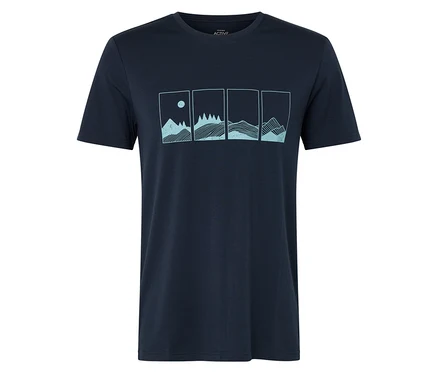 Dunkelblaues T-Shirt mit vier Natur-Motiven in Rechtecken.