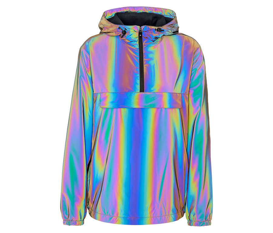 Eine glänzende, regenbogenfarbene Kapuzenjacke mit Reißverschluss.