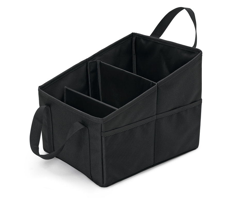 Schwarzer Textil-Organizer mit vier Fächern und Griffen.