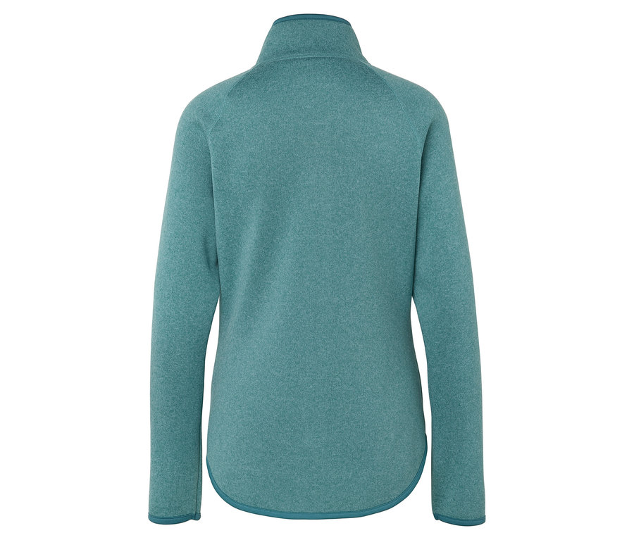 Rückansicht eines türkisfarbenen langärmligen Fleece-Pullovers mit Reißverschluss.