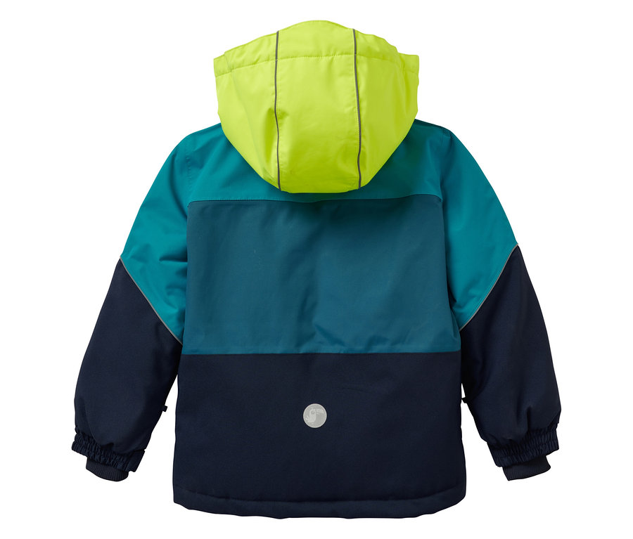 Rückansicht einer JAKO-O Kinder-Robustjacke in dunkeltürkis mit gelber Kapuze.