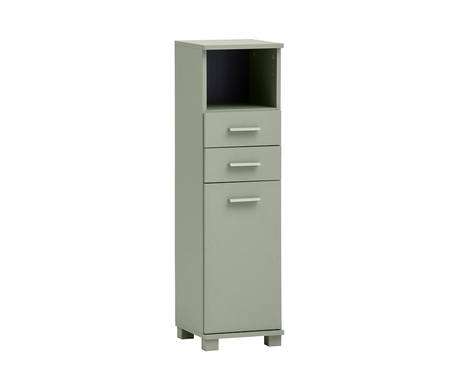 Schmales, pistazienfarbenes Highboard »Mono« mit zwei Schubladen und einem Regal oben.