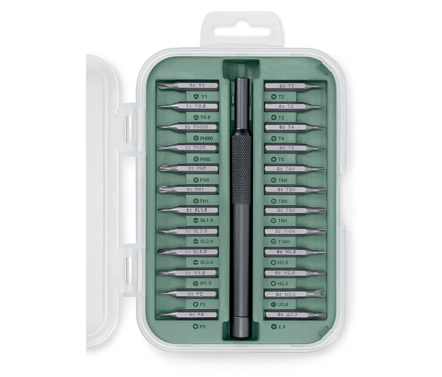 Ein Präzisions-Schraubendreher-Set in einem grünen Gehäuse.