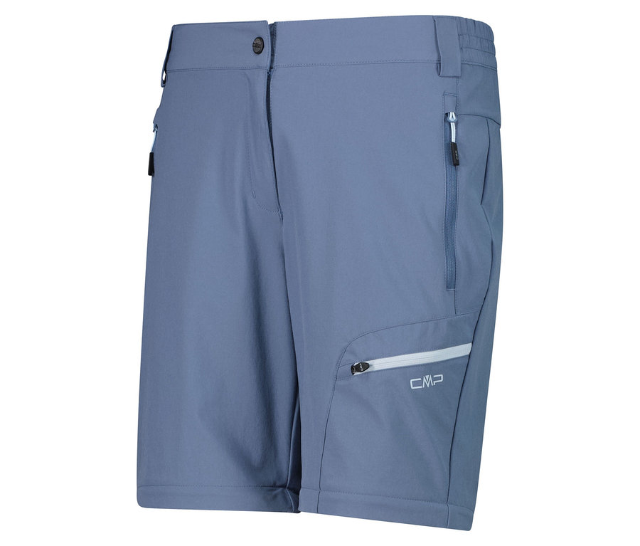 Nahaufnahme von blauen CMP-Shorts mit Taschen und Reißverschlüssen.