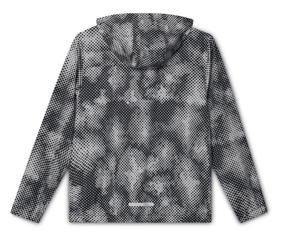 Rückansicht einer Kapuzenjacke mit einem Muster aus schwarzen Punkten auf grauem Grund.