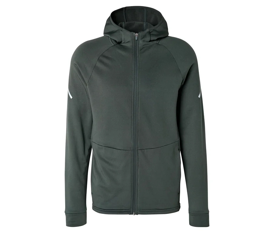 Dunkelgrüne Thermojacke mit Kapuze, durchgehendem Reißverschluss und weißen Akzenten an den Ärmeln.