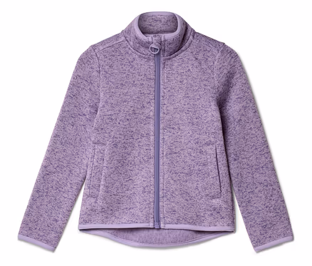 Lila Fleecejacke mit durchgehendem Reißverschluss und zwei Taschen.