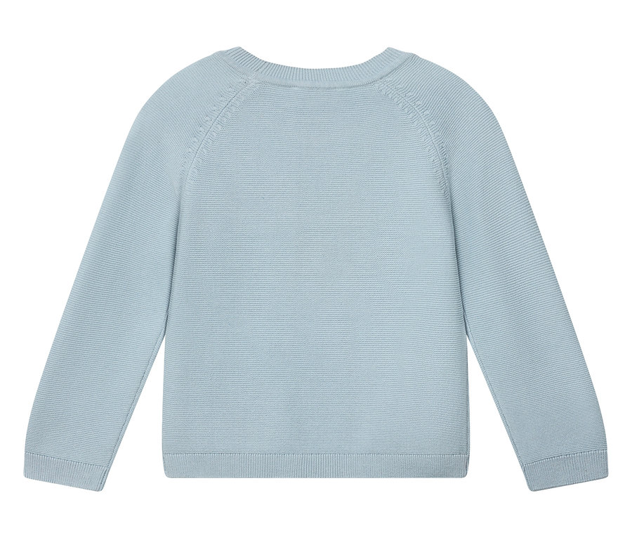 Hellblauer Strickpullover, von hinten fotografiert.