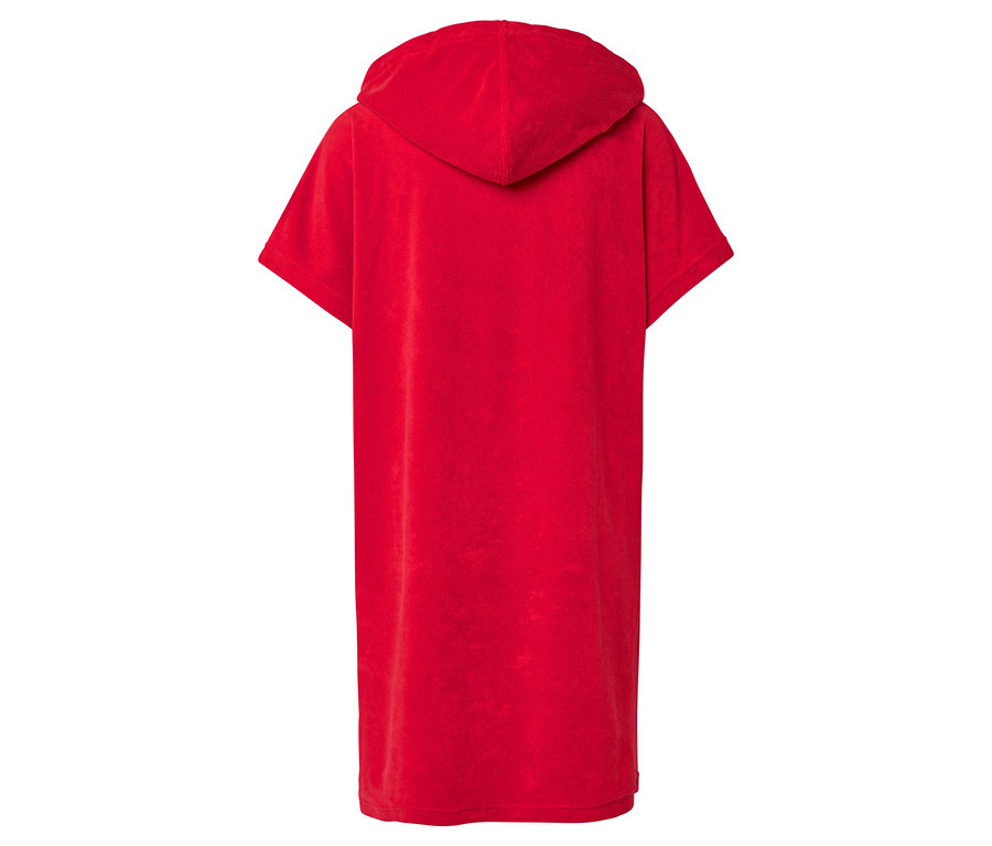 Rückansicht eines roten Kapuzenhandtuchs mit kurzen Ärmeln.