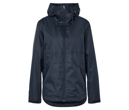 Dunkelblaue Regenjacke mit Kapuze, Frontreißverschluss und Taschen.