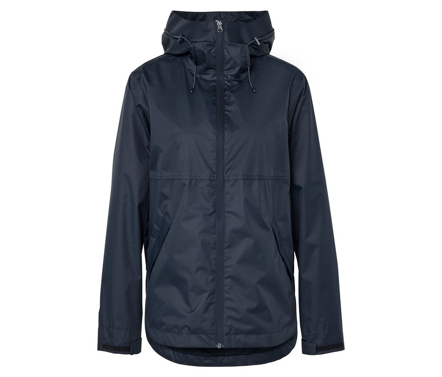 Dunkelblaue Regenjacke mit Kapuze, Frontreißverschluss und Taschen.