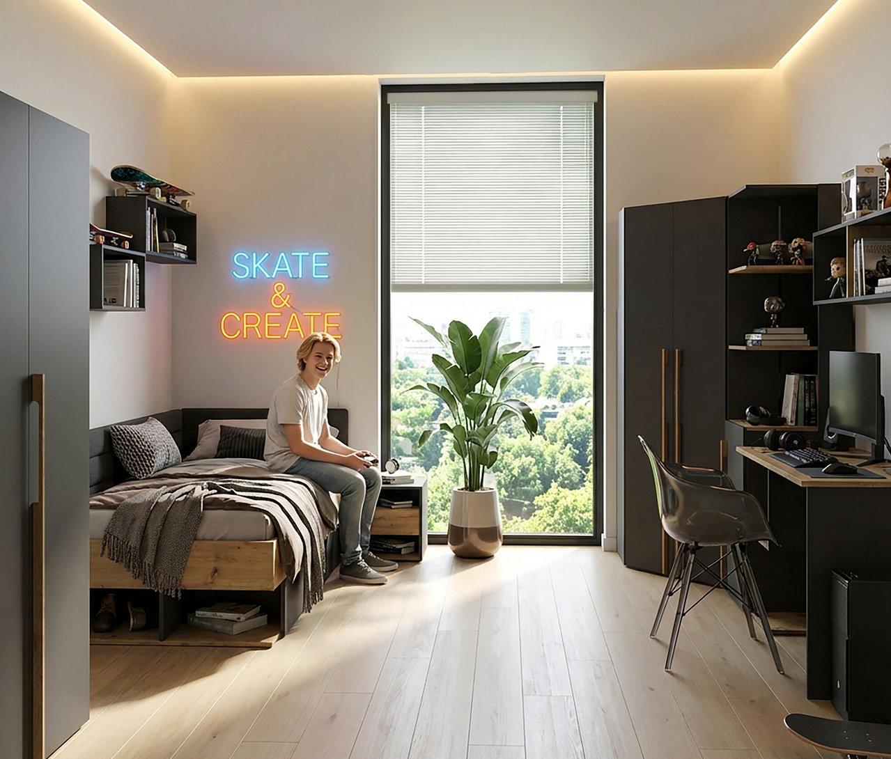 Ein Jugendlicher sitzt auf dem Roba Jugendbett »Marvin«, 90 x 200 cm in einem modern eingerichteten Zimmer.