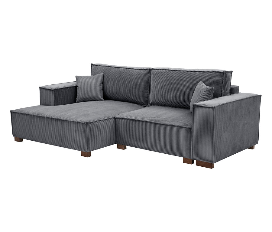 Graues Cord-Ecksofa mit zwei Kissen und Ottomane auf niedrigem Holzsockel.