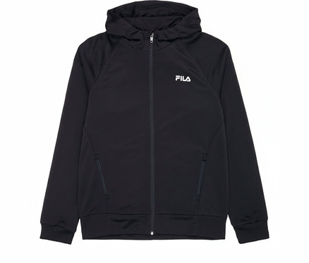 Schwarze FILA Herren-Funktions-Sweatjacke mit Kapuze und Reißverschluss. Das FILA-Logo ist auf der Brust.