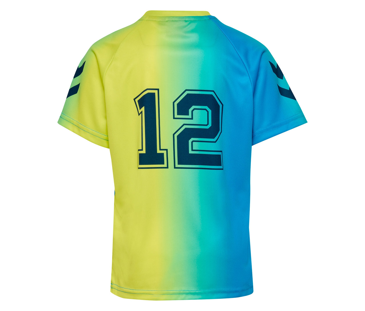 Rückansicht eines gelb-blau gefärbten Trikots mit der Nummer 12.