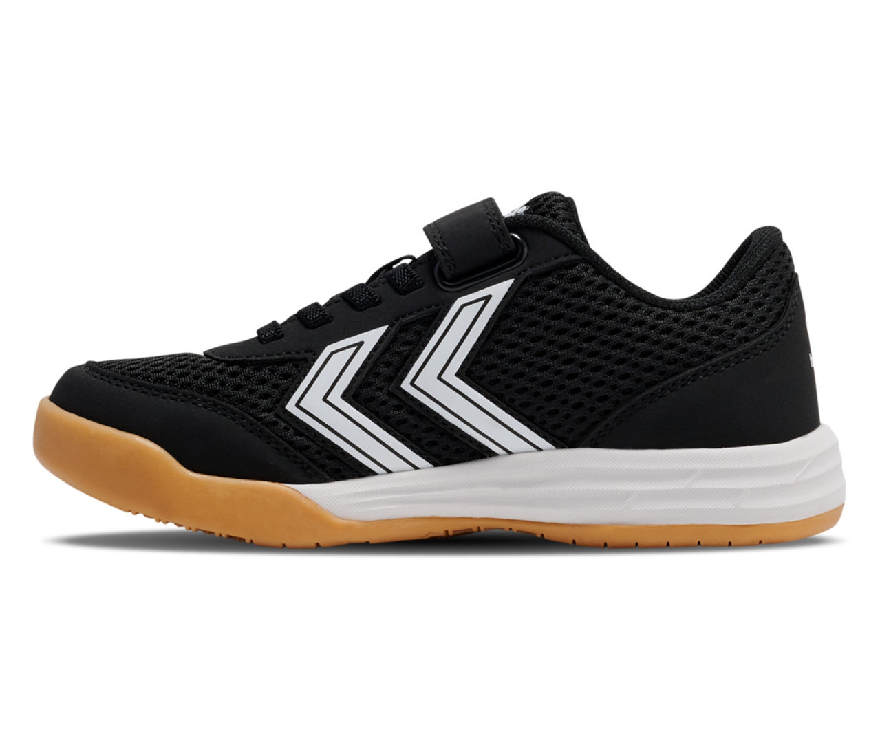 Schwarzer hummel® Multiplay Flex VC JR mit Klettverschluss und weißen Winkeln auf der Seite.