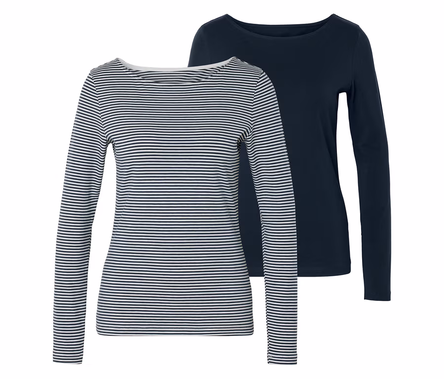 Zwei Langarmshirts. Das vordere Shirt ist weiß mit dünnen marineblauen Querstreifen und weitem Ausschnitt. Dahinter ist ein einfarbiges marineblaues Shirt zu sehen.