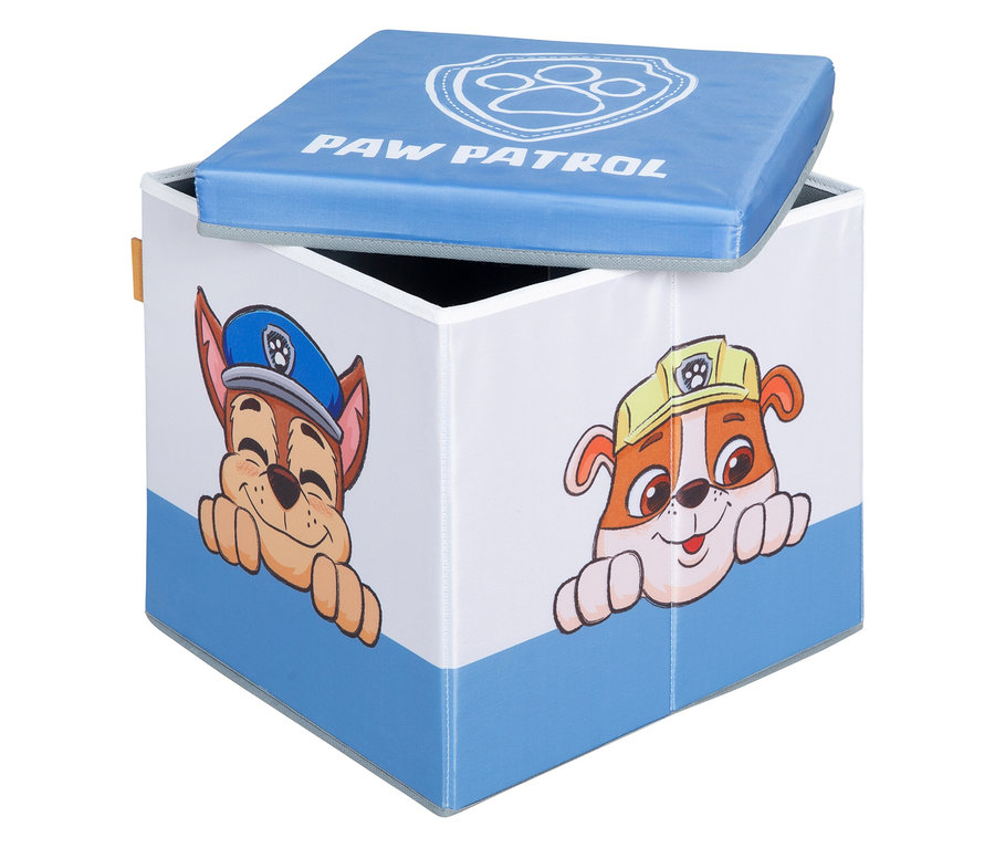 Geöffneter, quadratischer, weißer Spielzeugkasten mit blauem Deckel, der mit Paw Patrol-Figuren verziert ist.