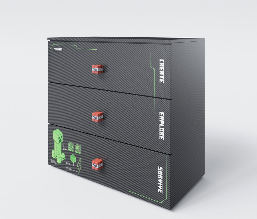 Eine graue Kommode mit drei Schubladen steht vor einem weißen Hintergrund. Die Schubladen haben rote TNT-Griffe und grüne Minecraft-Grafiken.