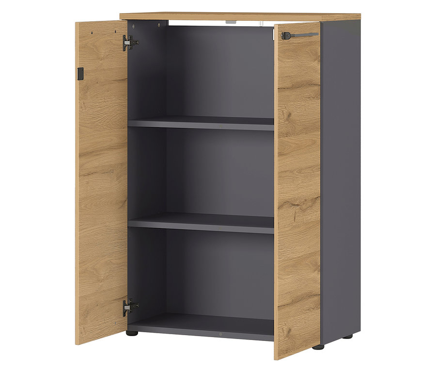 Geöffneter, kleiner Aktenschrank »Agenda« mit zwei Türen, grau und holzfarben.